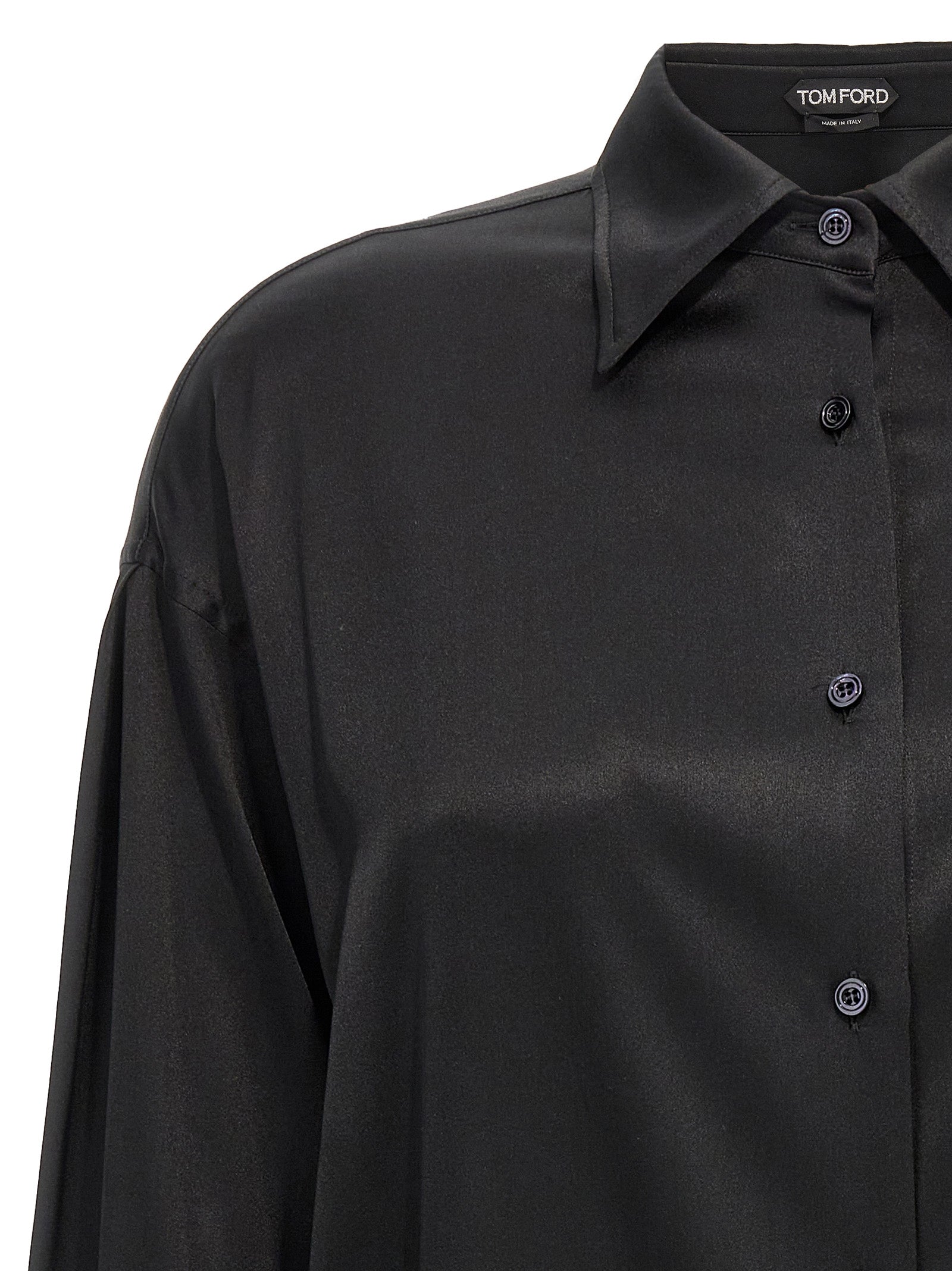 Blouse by Tom Ford for women in silk satin black showcases a sublime silhouette, artfully detailed with a sublime and for a sophisticated, sublime finish.