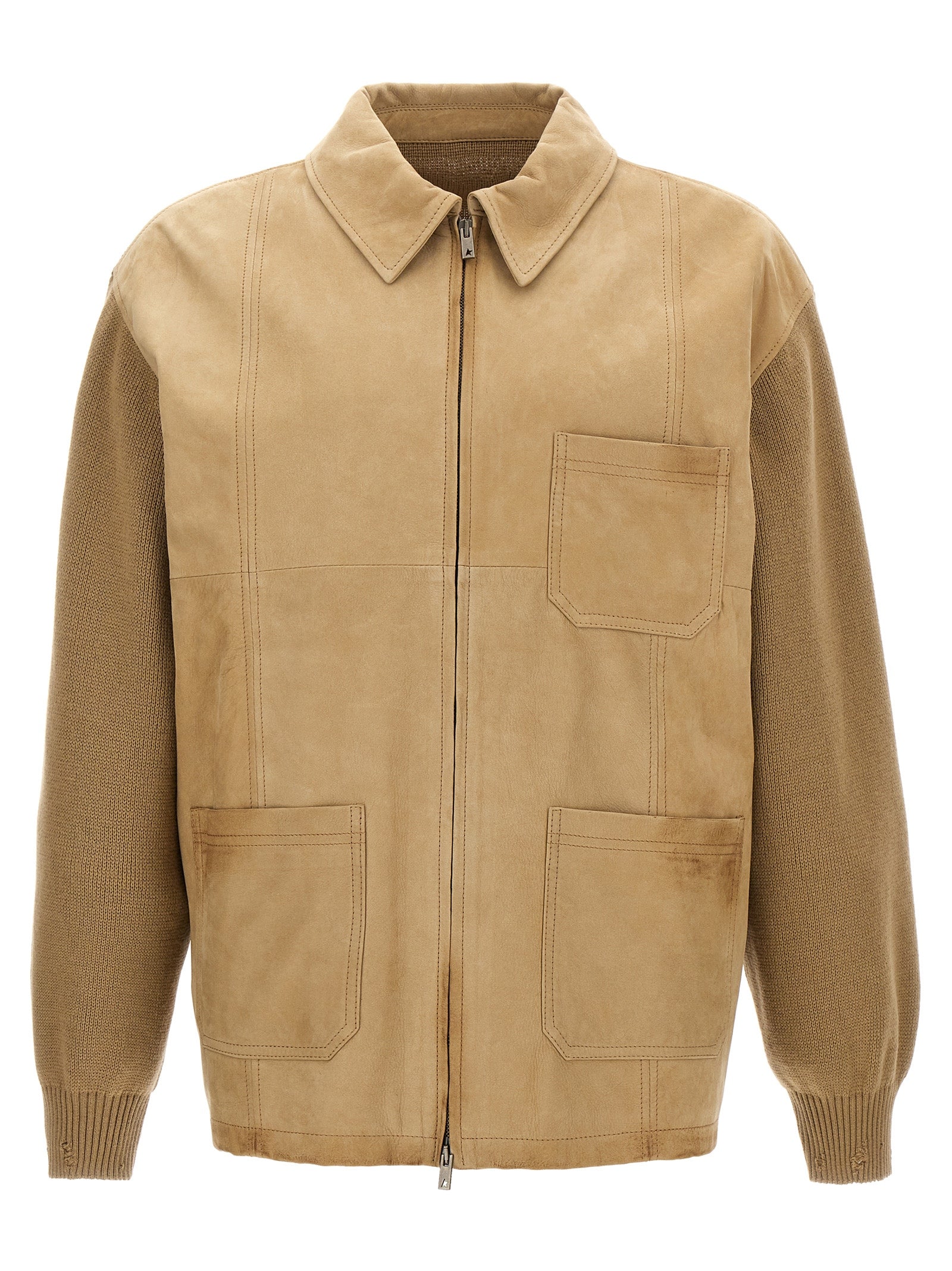 Jacket by Golden Goose for men in bos taurus nubuck cowhide leather & wool beige showcases a enveloping silhouette, artfully detailed with a enveloping and premium pockets for a truly enveloping finish.