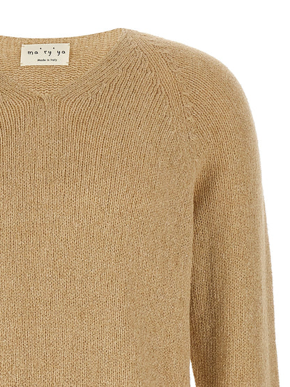 Cardigan by MA'RY'YA for men in polyamide modacrylic & cotton beige features a nuanced silhouette with a refined v-neck neckline and nuanced detailing for a sophisticated look.