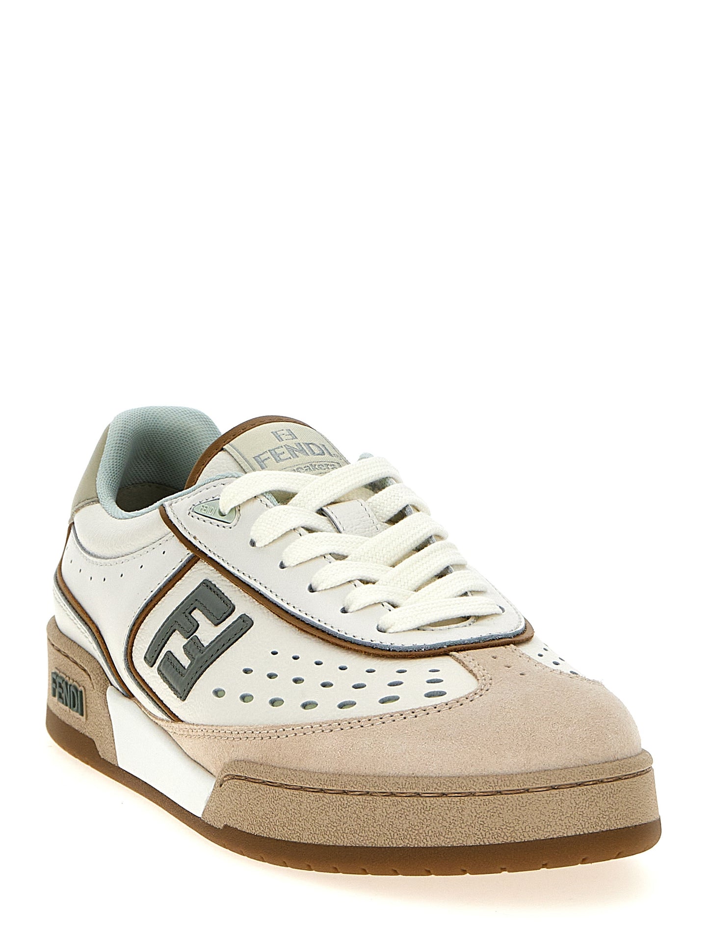 Sneakers by Fendi for women in suede leather & rubber beige presents a sumptuous silhouette, artfully capturing the essence of the Women's Fashion Suede Leather & Rubber Sneakers with its sumptuous fashion style design.