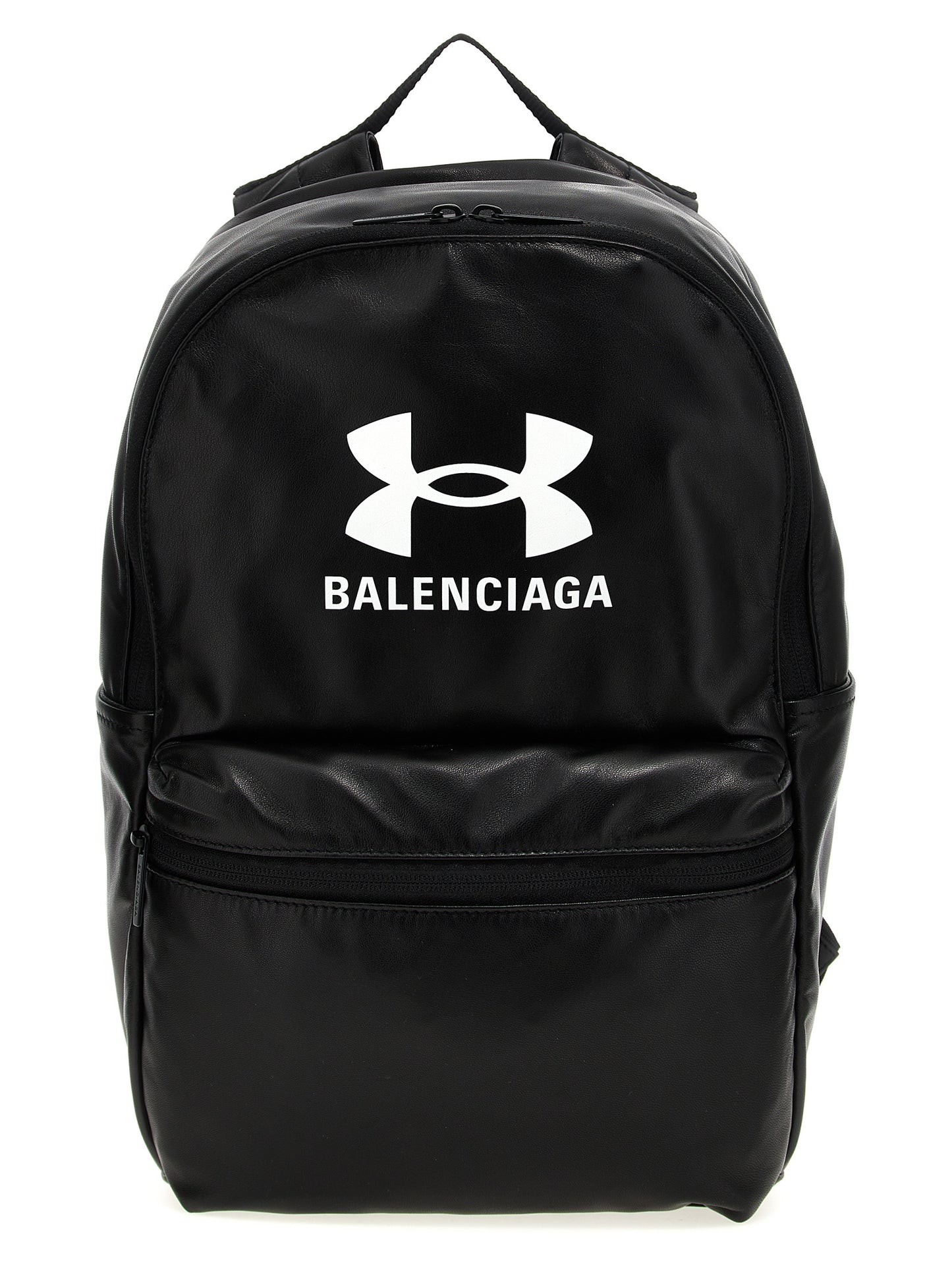 Backpack by Balenciaga for men in polyester & lamb leather bicolour, black, white & print features a utilitarian chic Polyester & Lamb Leather Backpack design with a secure zipper, ample external-pockets, and versatile handle, backpack-strap & adjustable-strap for a utilitarian chic finish.