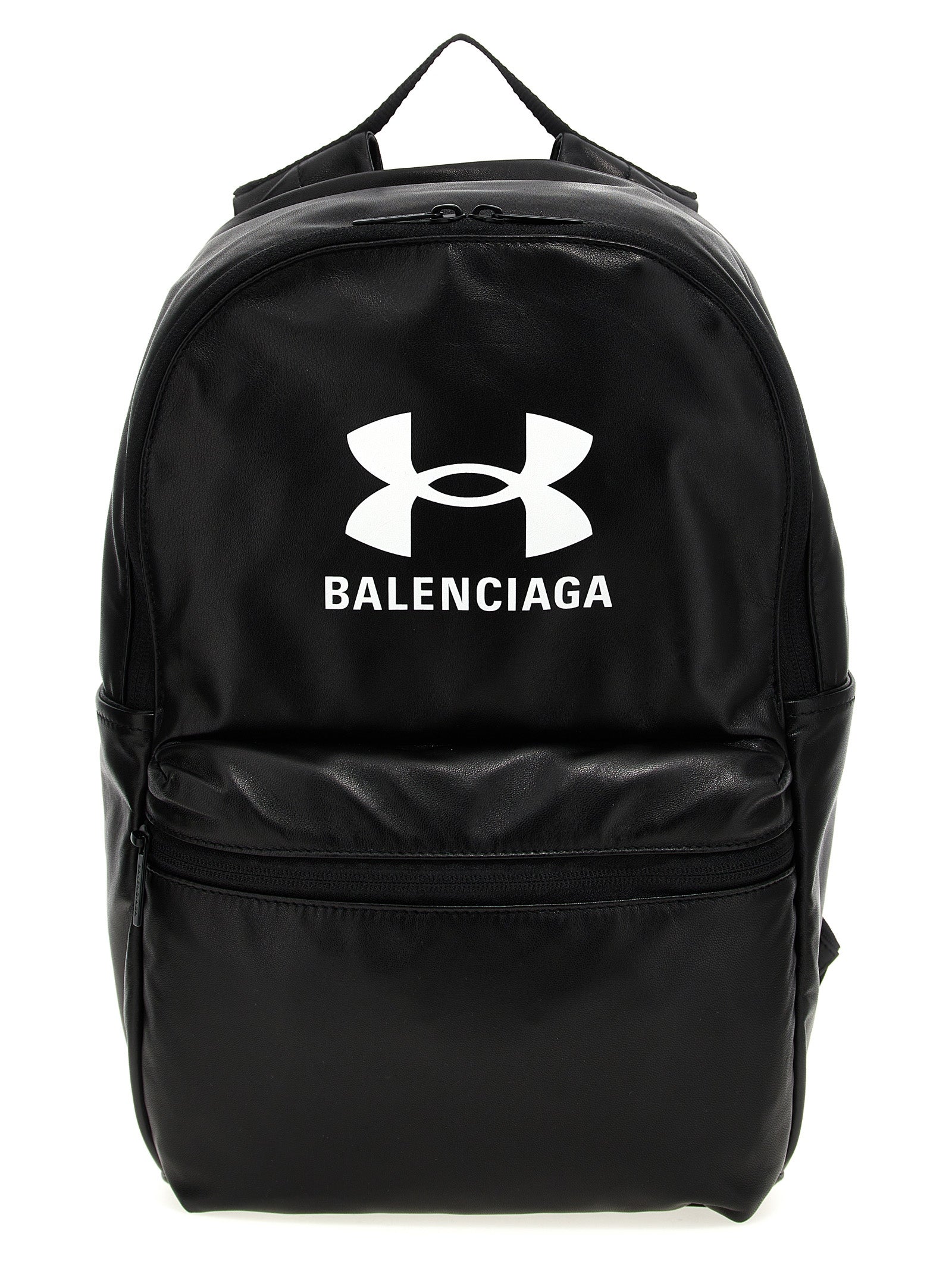 Backpack by Balenciaga for men in polyester & lamb leather bicolour, black, white & print features a utilitarian chic Polyester & Lamb Leather Backpack design with a secure zipper, ample external-pockets, and versatile handle, backpack-strap & adjustable-strap for a utilitarian chic finish.
