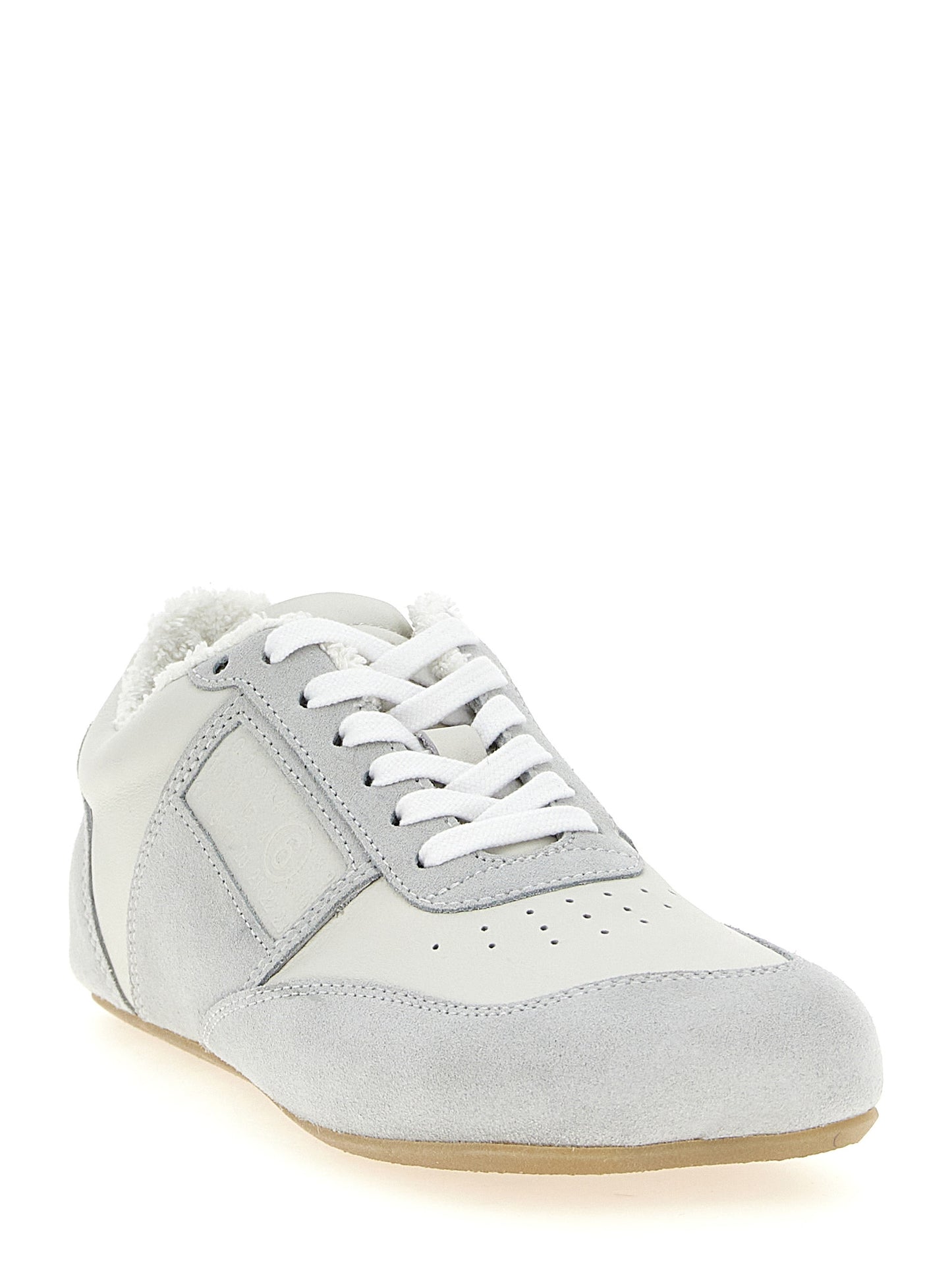 Athletic Sneakers by MM6 Maison Margiela for women in terrycloth cotton & suede calfskin leather gray, white & signature presents a sleek silhouette, perfectly capturing the athletic style essence of Crisp Women's Athletic Terrycloth Cotton & Suede Calfskin Leather Sneakers with its sleek design and premium finish.