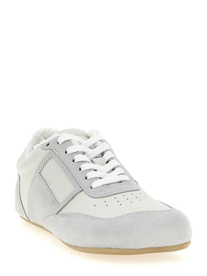 Athletic Sneakers by MM6 Maison Margiela for women in terrycloth cotton & suede calfskin leather gray, white & signature presents a sleek silhouette, perfectly capturing the athletic style essence of Crisp Women's Athletic Terrycloth Cotton & Suede Calfskin Leather Sneakers with its sleek design and premium finish.