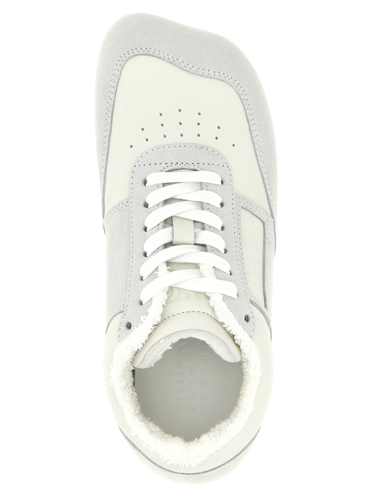 Athletic Sneakers MM6 Maison Margiela women terrycloth cotton & suede calfskin leather gray, white & signature featuring a avant-garde Crisp Women's Athletic Terrycloth Cotton & Suede Calfskin Leather Sneakers design with a avant-garde athletic style for a refined finish.