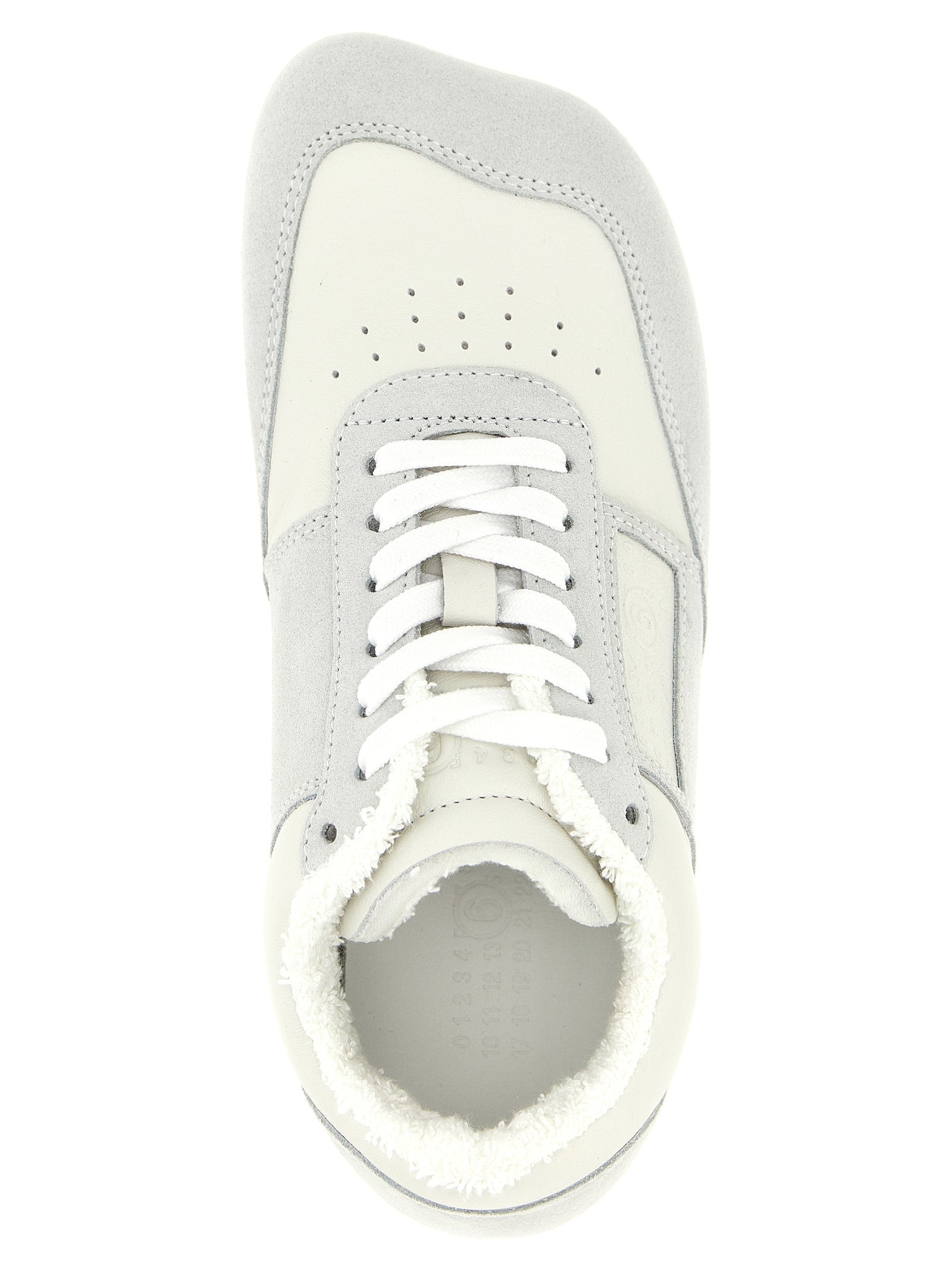 Athletic Sneakers MM6 Maison Margiela women terrycloth cotton & suede calfskin leather gray, white & signature featuring a avant-garde Crisp Women's Athletic Terrycloth Cotton & Suede Calfskin Leather Sneakers design with a avant-garde athletic style for a refined finish.