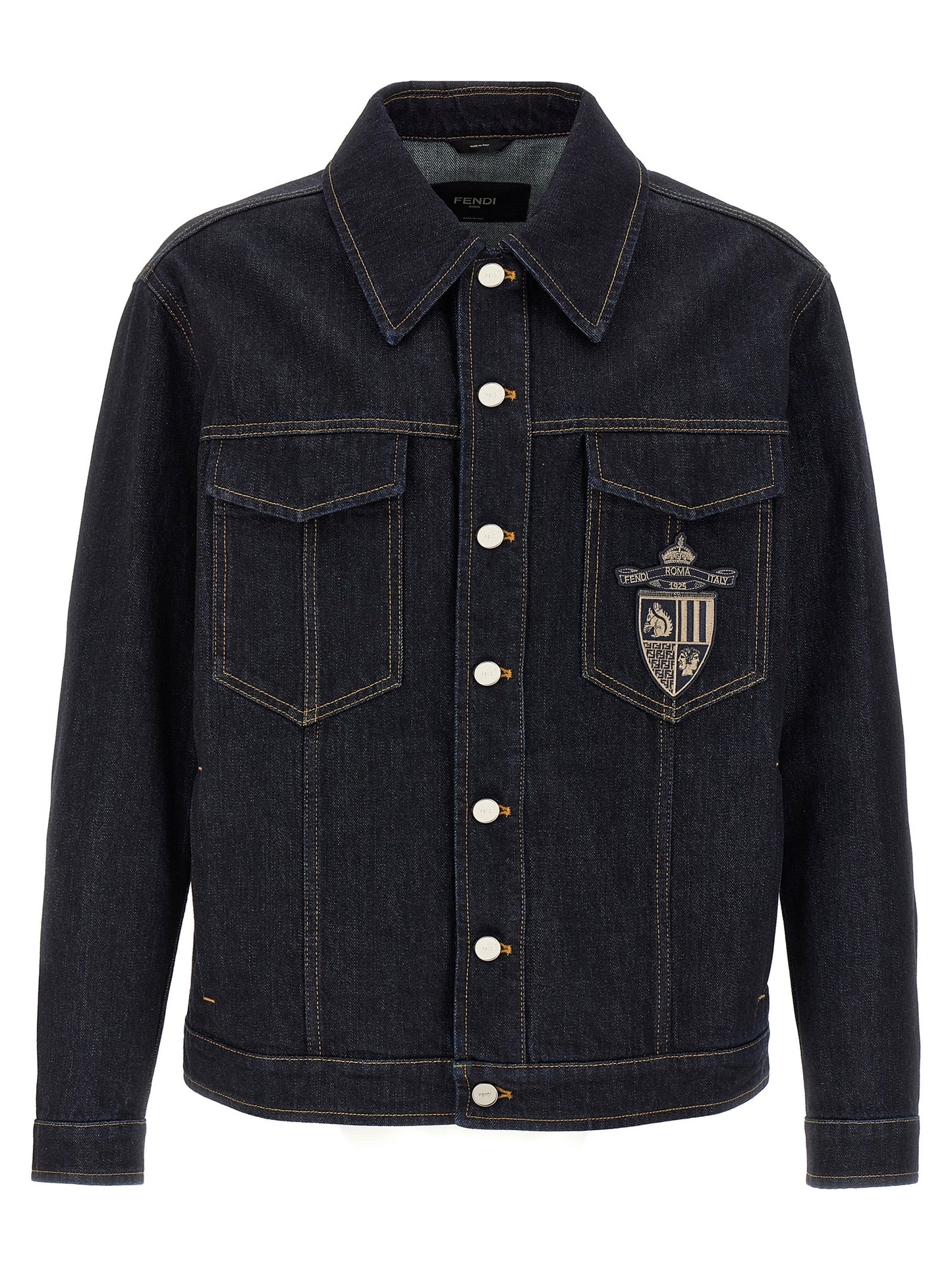 Trucker Jacket by Fendi for men in denim cotton blue features a dramatic silhouette, showcasing a sophisticated shirt-collar neckline and distinctive pockets for a dramatic aesthetic.