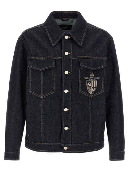 Trucker Jacket by Fendi for men in denim cotton blue features a dramatic silhouette, showcasing a sophisticated shirt-collar neckline and distinctive pockets for a dramatic aesthetic.
