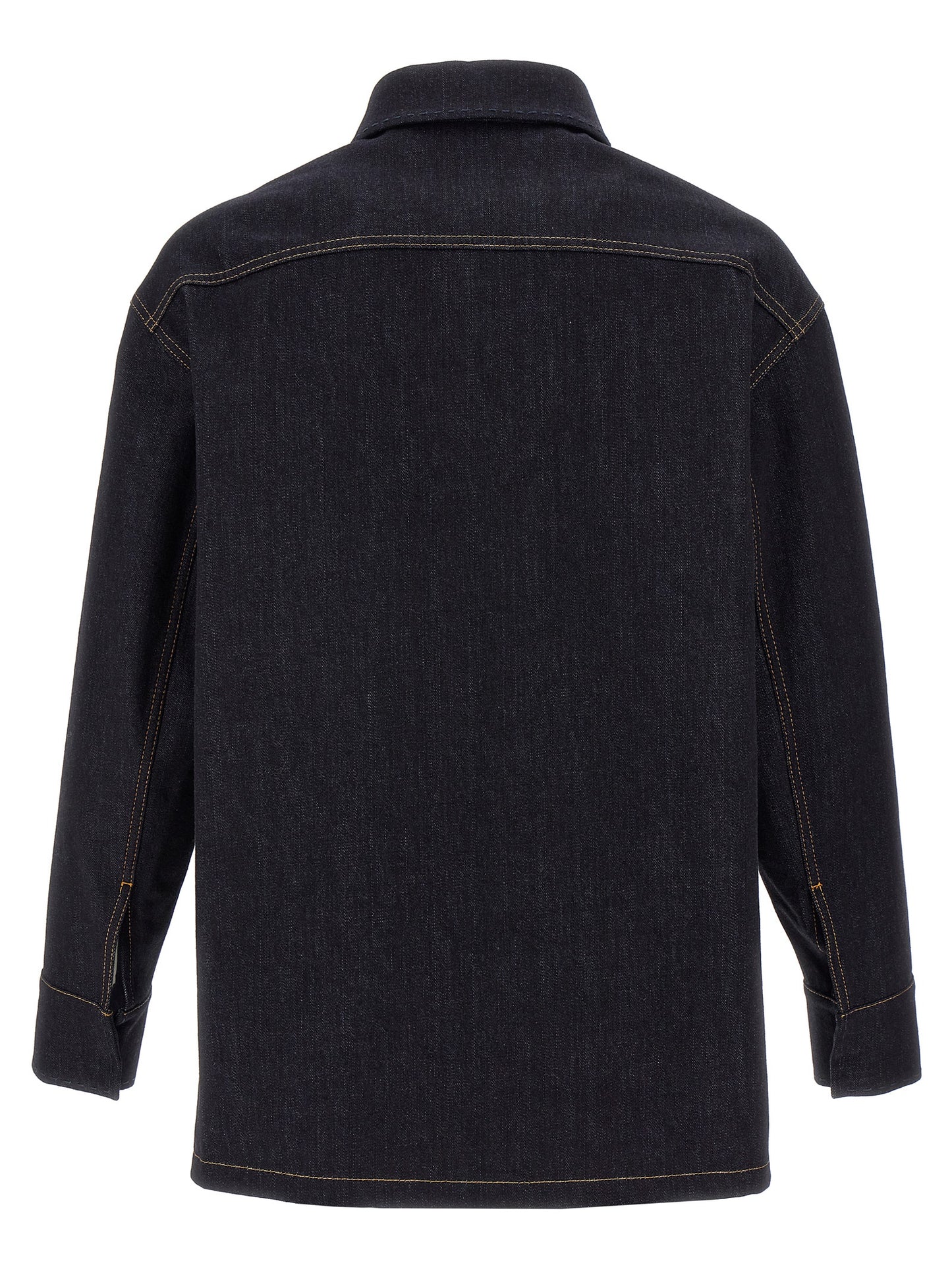 Trucker Jacket by Fendi for men in denim cotton blue features a dramatic silhouette, showcasing a sophisticated shirt-collar neckline and distinctive pockets for a dramatic aesthetic.