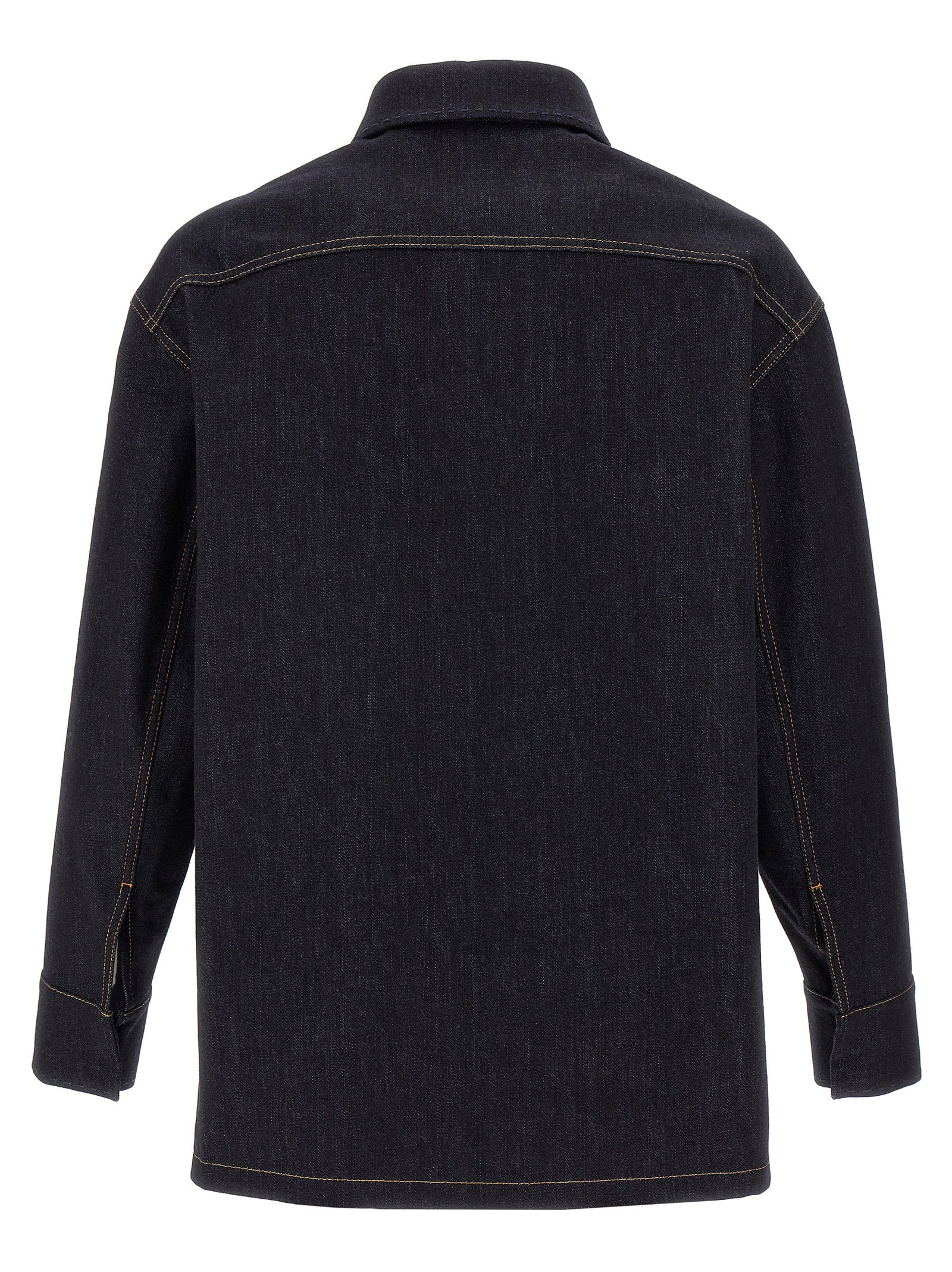 Trucker Jacket by Fendi for men in denim cotton blue features a dramatic silhouette, showcasing a sophisticated shirt-collar neckline and distinctive pockets for a dramatic aesthetic.