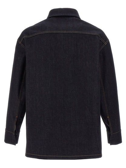 Trucker Jacket by Fendi for men in denim cotton blue features a dramatic silhouette, showcasing a sophisticated shirt-collar neckline and distinctive pockets for a dramatic aesthetic.