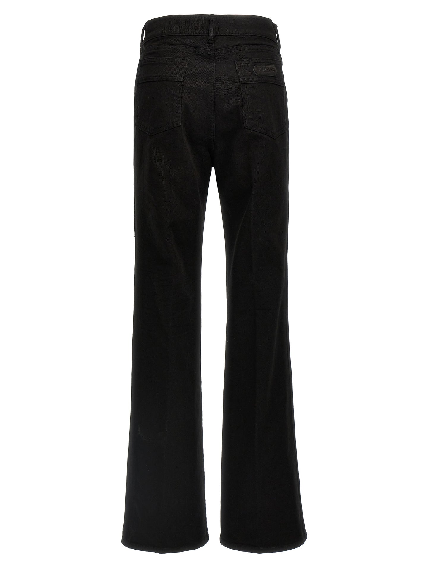 Jeans by Tom Ford for women in stretch denim cotton twill & suede leather black & signature features a refined silhouette with a refined flared & wide, defined by a and a refined long for a refined finish.