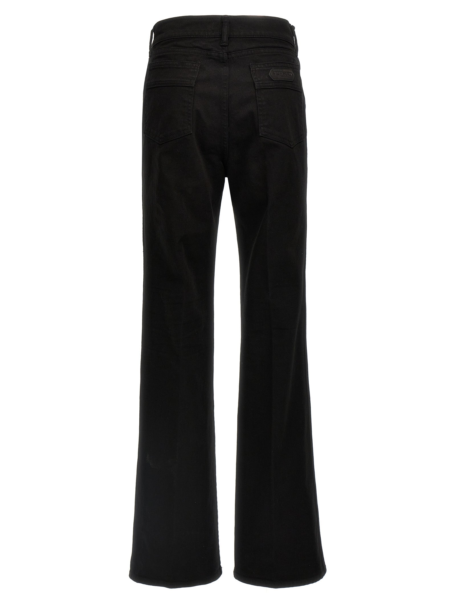 Jeans by Tom Ford for women in stretch denim cotton twill & suede leather black & signature features a refined silhouette with a refined flared & wide, defined by a and a refined long for a refined finish.