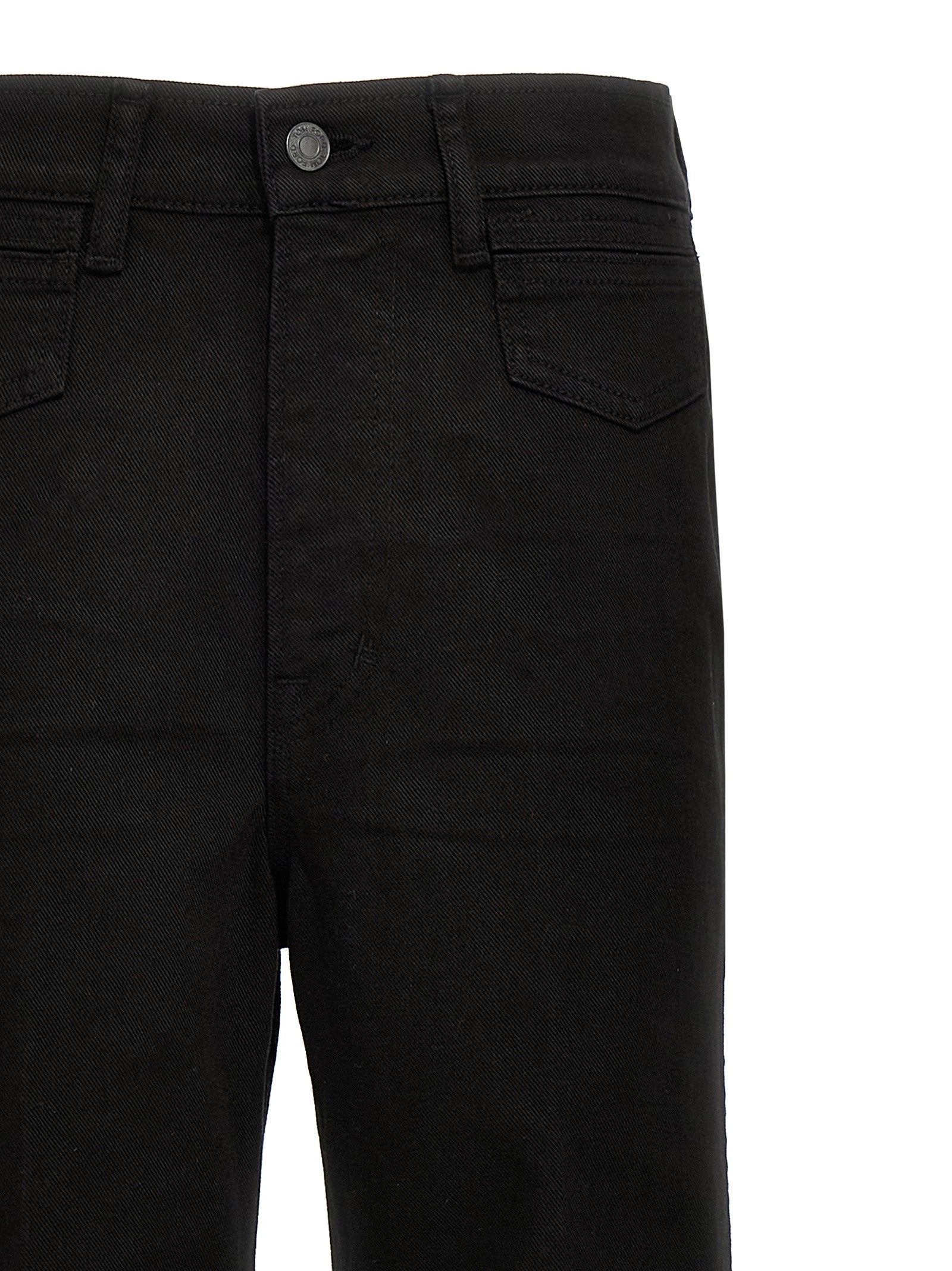 Jeans by Tom Ford for women in stretch denim cotton twill & suede leather black & signature features a polished silhouette with a polished flared & wide, reaching a polished long and finished with a polished .