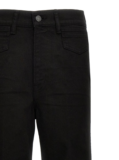 Jeans by Tom Ford for women in stretch denim cotton twill & suede leather black & signature features a polished silhouette with a polished flared & wide, reaching a polished long and finished with a polished .