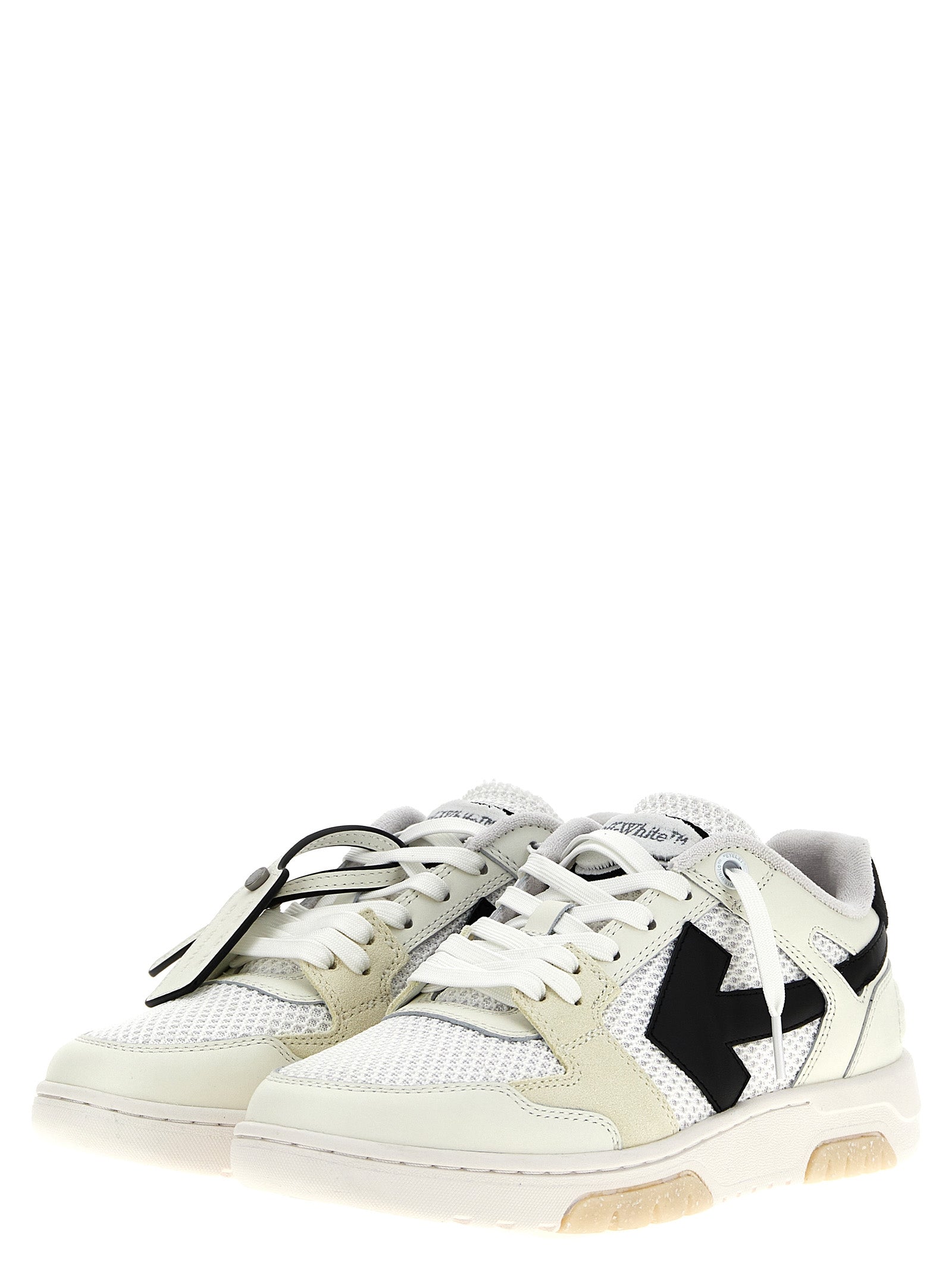 Athletic Sneakers by Off-White for men in polyester suede leather bicolour, black & white features an effortless chic silhouette, showcasing the signature athletic style of the Men's Athletic Polyester Suede Leather Sneakers collection with a truly effortless chic finish.