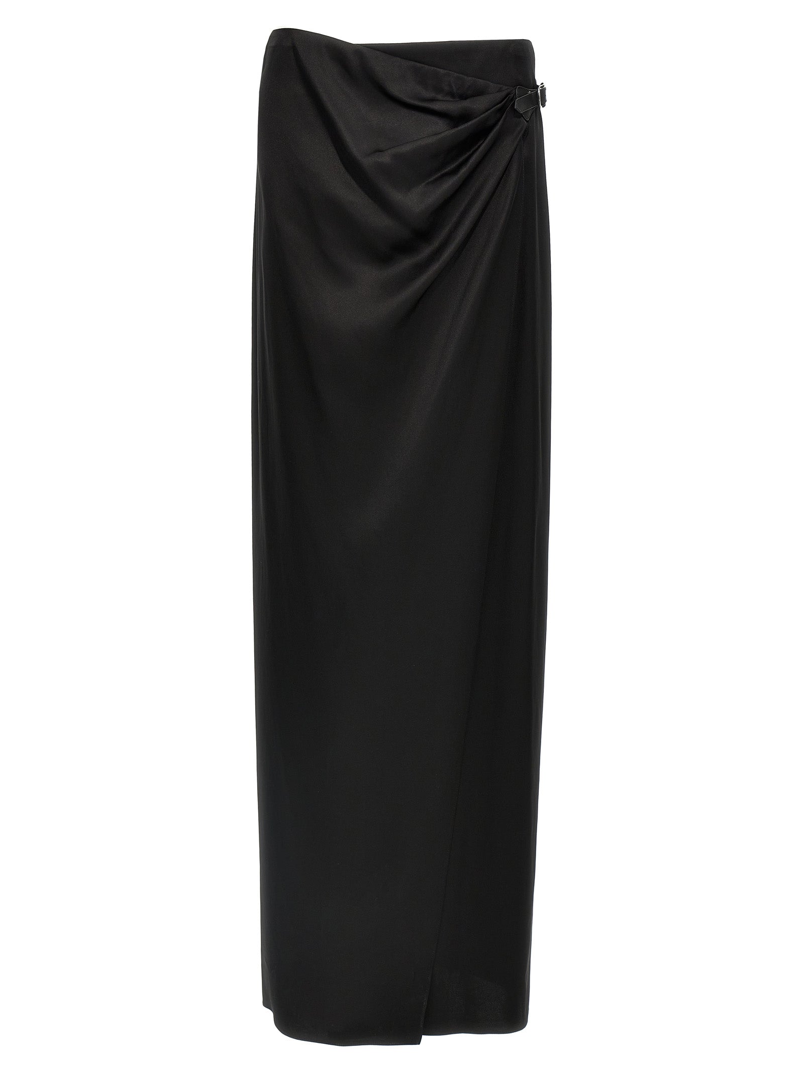 Skirt by Tom Ford for women in satin silk & leather black features a sublime silhouette, showcasing the sublime design of the Women's Wrap Satin Silk & Leather Skirt in a sophisticated mini.