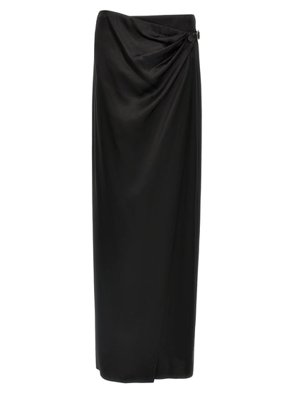 Skirt by Tom Ford for women in satin silk & leather black features a sublime silhouette, showcasing the sublime design of the Women's Wrap Satin Silk & Leather Skirt in a sophisticated mini.