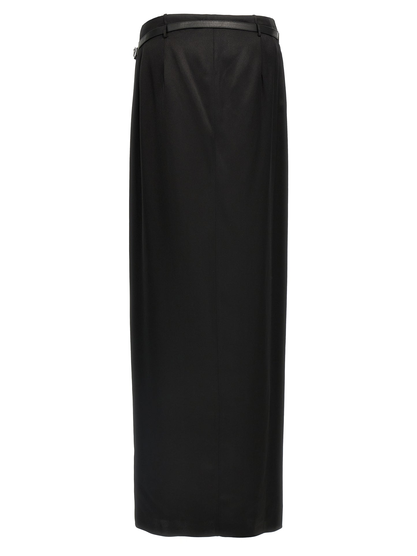 Skirt by Tom Ford for women in satin silk & leather black features an relaxed-yet-refined silhouette that elegantly showcases the Women's Wrap Satin Silk & Leather Skirt design and sophisticated mini.