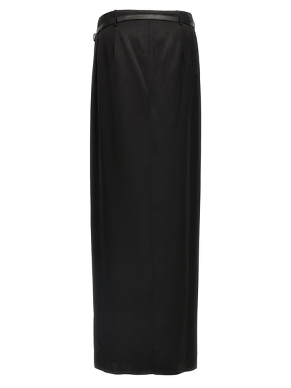 Skirt by Tom Ford for women in satin silk & leather black features an relaxed-yet-refined silhouette that elegantly showcases the Women's Wrap Satin Silk & Leather Skirt design and sophisticated mini.