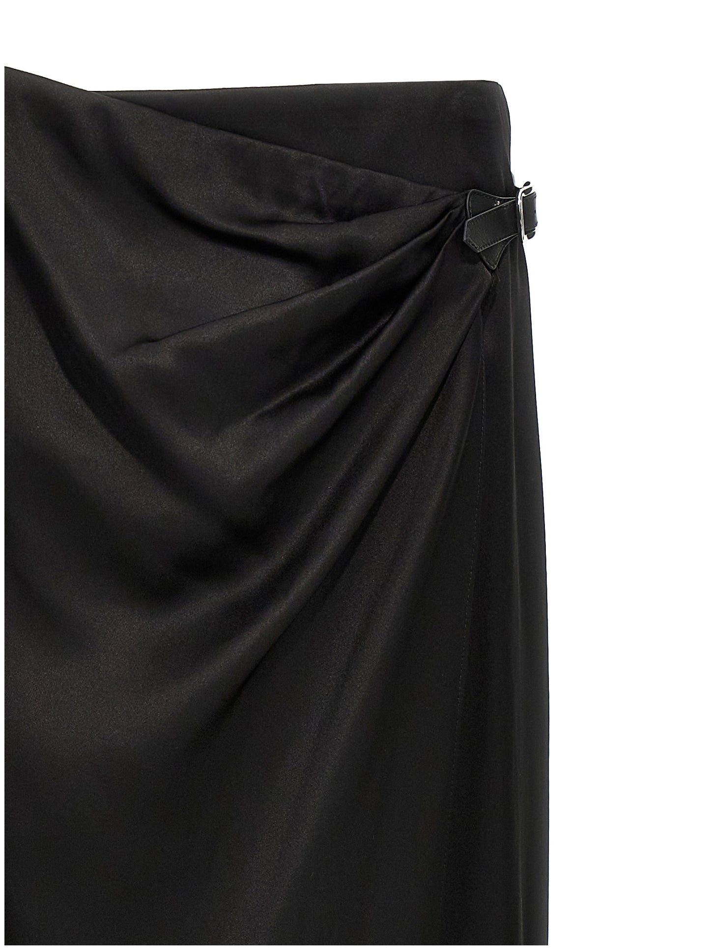 Skirt by Tom Ford for women in satin silk & leather black features a contoured silhouette from the Women's Wrap Satin Silk & Leather Skirt collection, characterized by its contoured mini for a contoured finish.