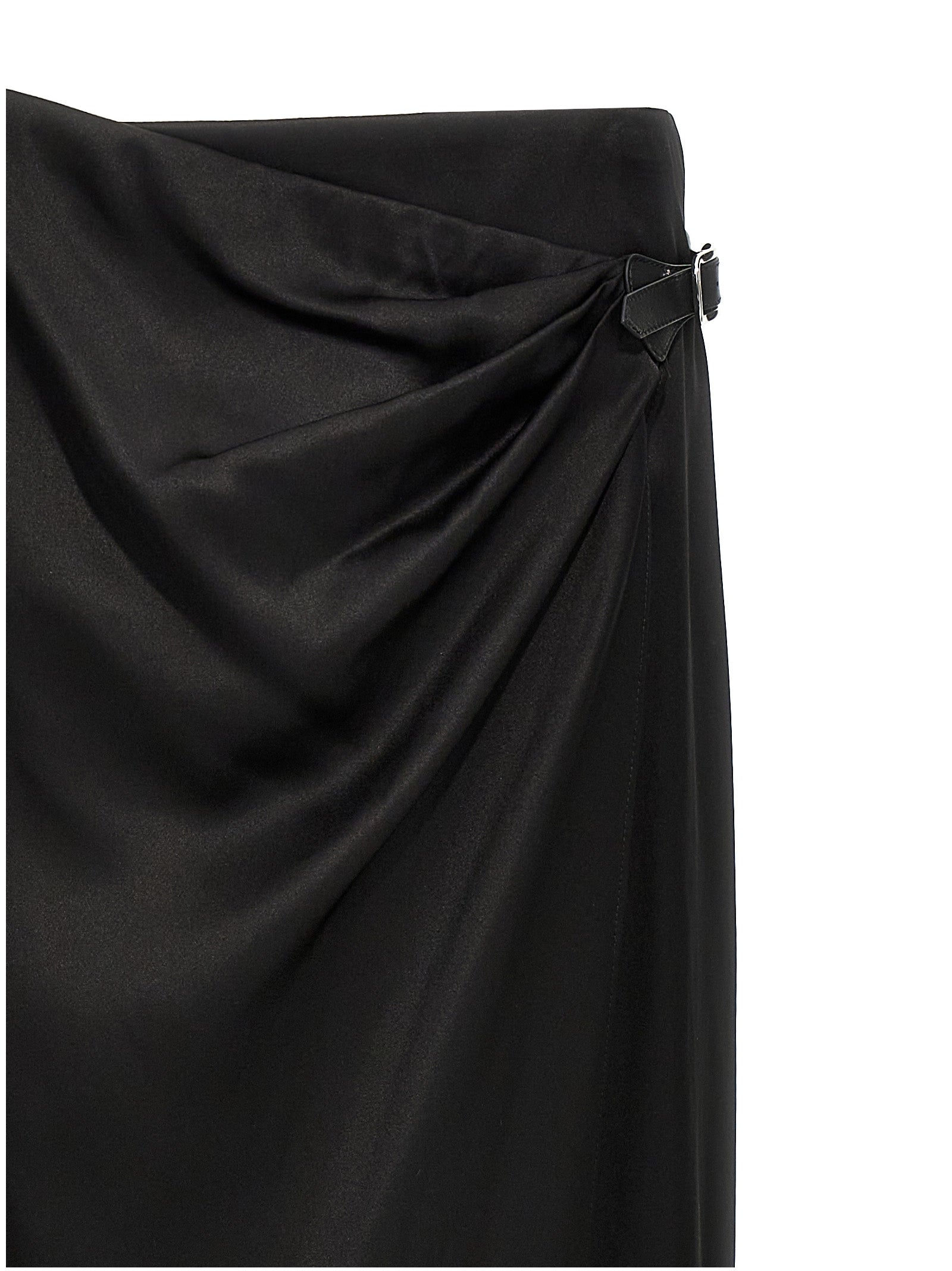 Skirt by Tom Ford for women in satin silk & leather black features a contoured silhouette from the Women's Wrap Satin Silk & Leather Skirt collection, characterized by its contoured mini for a contoured finish.