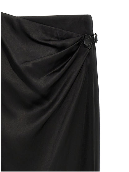 Skirt by Tom Ford for women in satin silk & leather black features a contoured silhouette from the Women's Wrap Satin Silk & Leather Skirt collection, characterized by its contoured mini for a contoured finish.