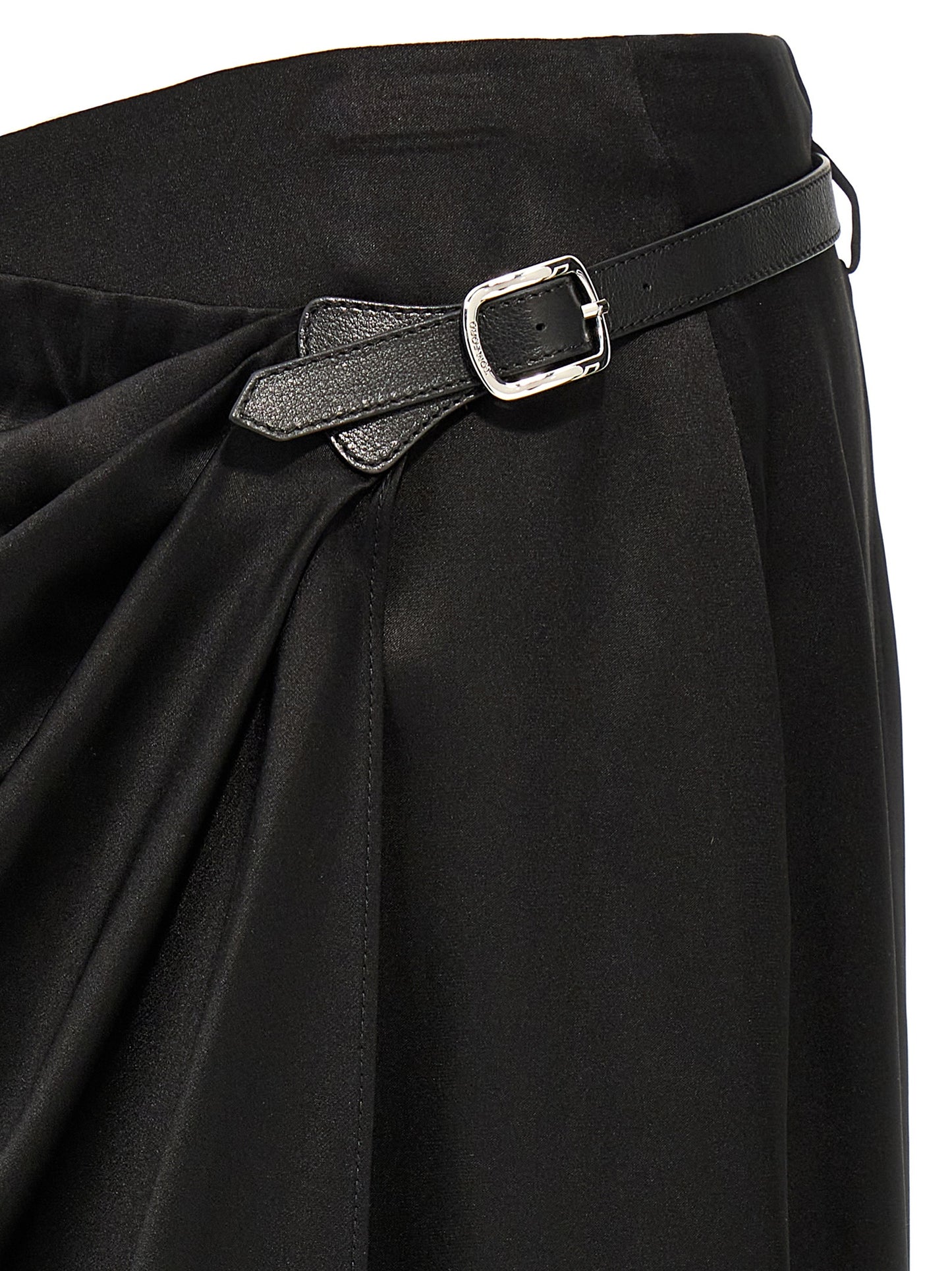 Skirt by Tom Ford for women in satin silk & leather black features a captivating silhouette, showcasing the captivating Women's Wrap Satin Silk & Leather Skirt design with a sophisticated mini for a captivating look.