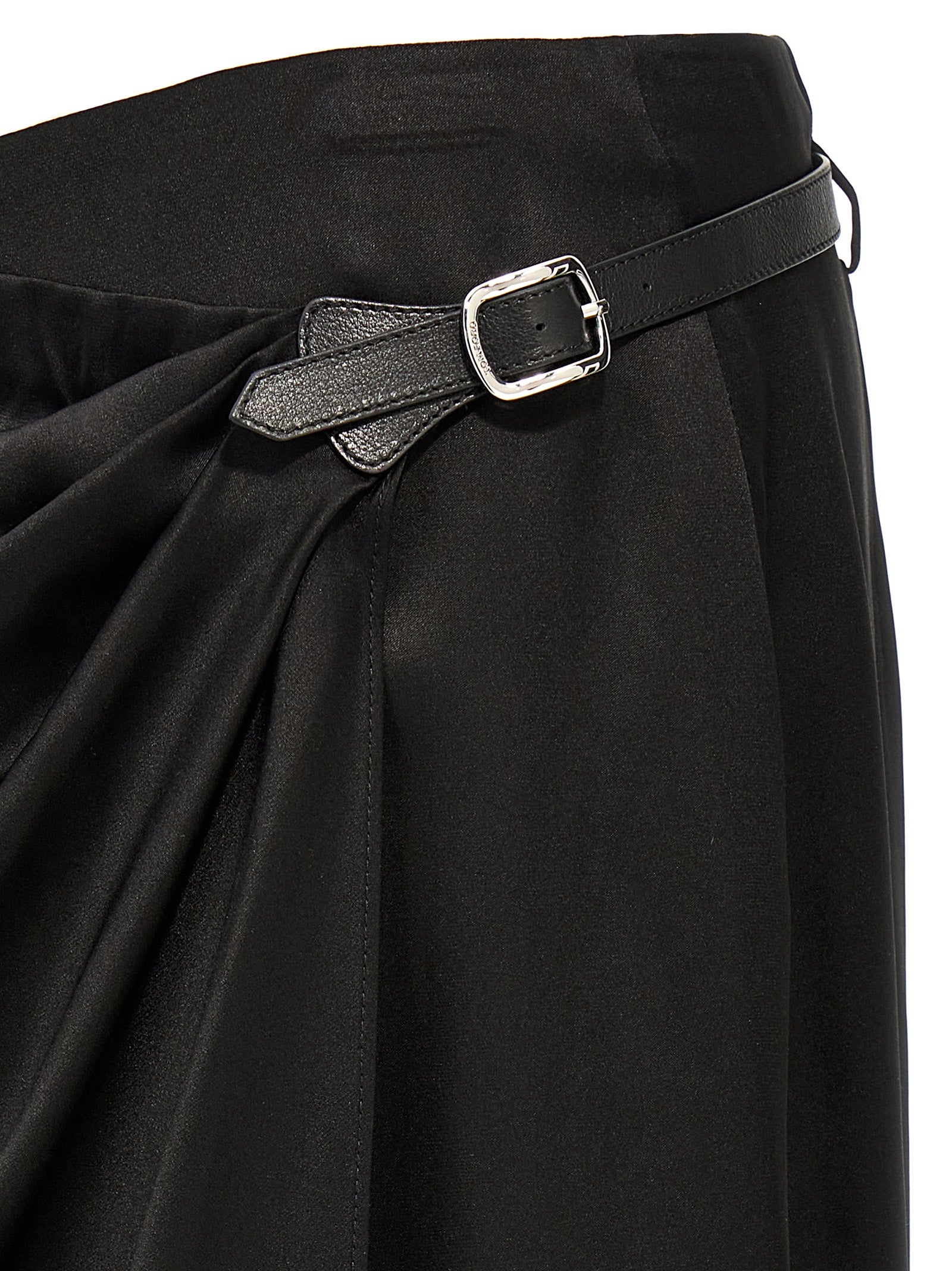 Skirt by Tom Ford for women in satin silk & leather black features a captivating silhouette, showcasing the captivating Women's Wrap Satin Silk & Leather Skirt design with a sophisticated mini for a captivating look.