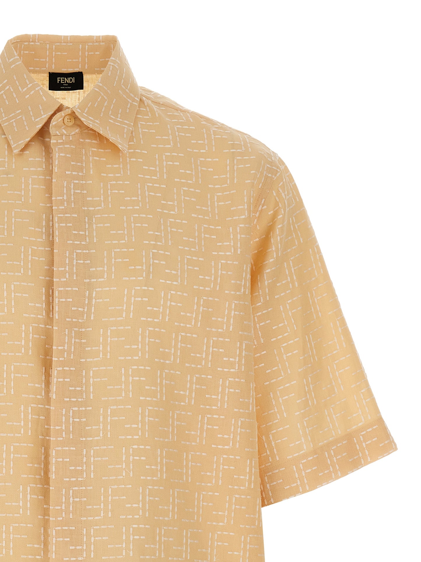 Shirt by Fendi for men in linen & cotton beige & jacquard showcases a sharp silhouette, elegantly detailed with a sharp and sharp .