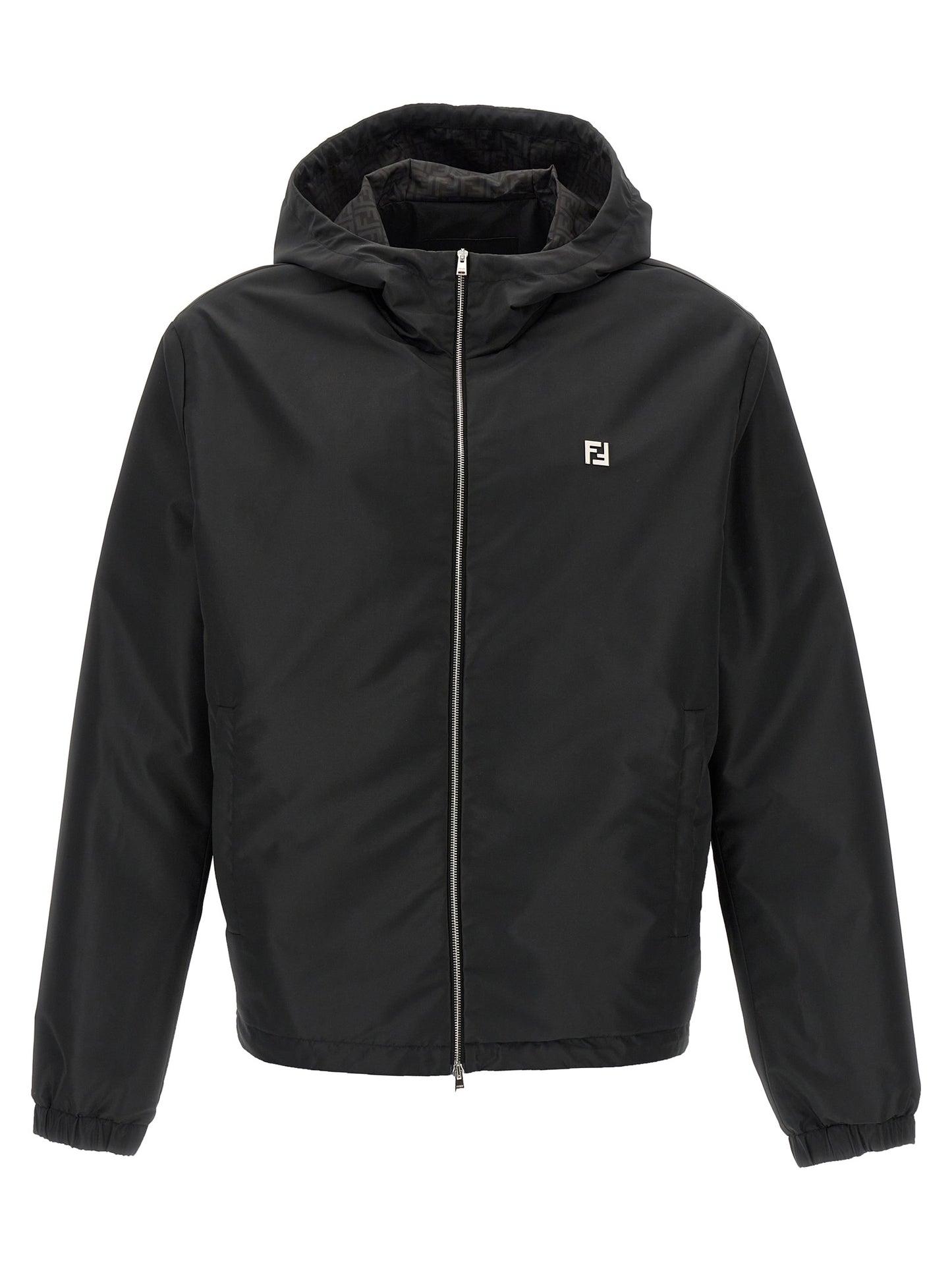 Hooded Windbreaker Jacket by Fendi for men in polyester black, monogram & print features an stylish silhouette, showcasing a sophisticated hooded neckline and performance-driven pockets, hooded & windproof for a premium, stylish look.