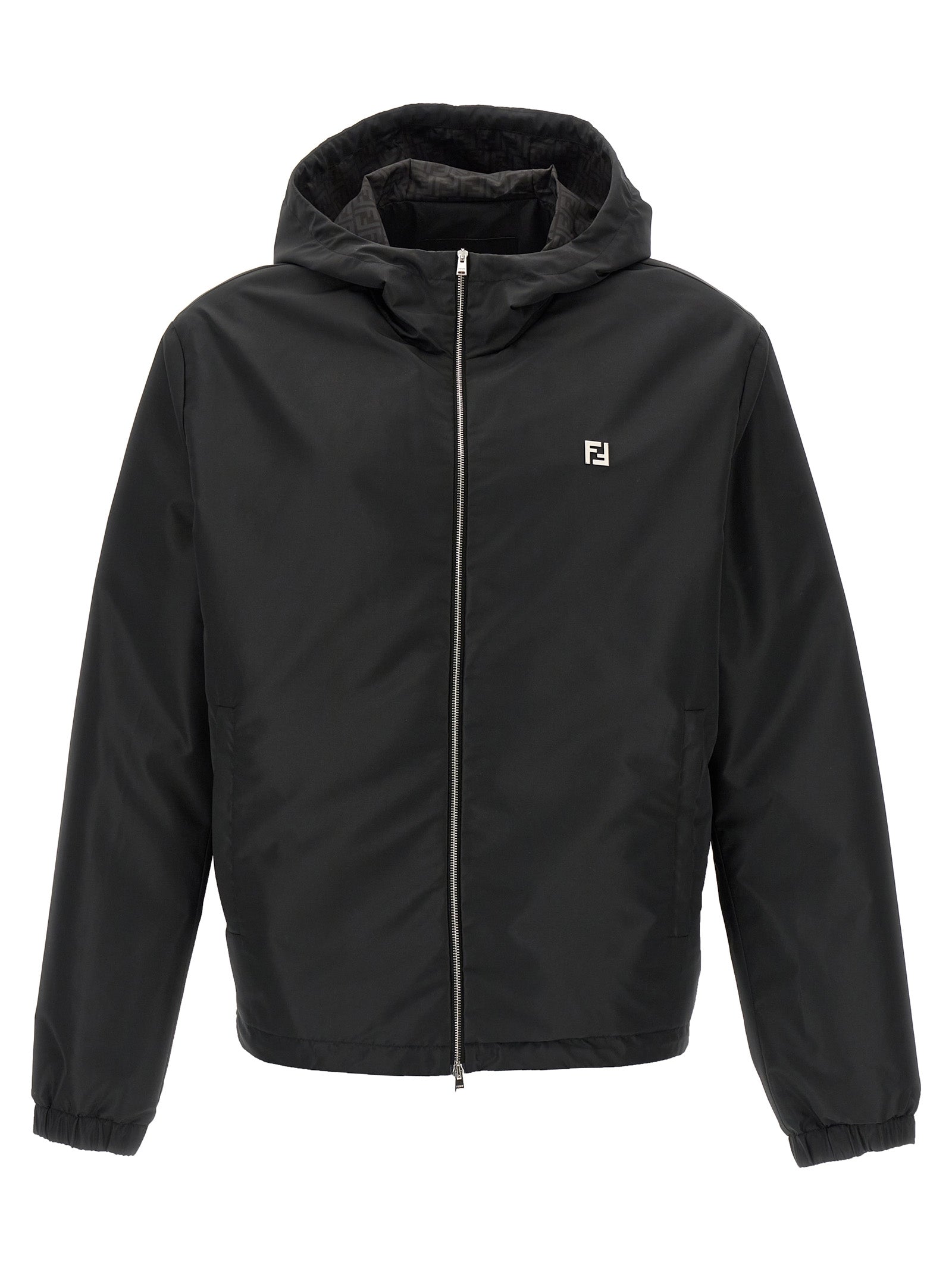 Hooded Windbreaker Jacket by Fendi for men in polyester black, monogram & print features an stylish silhouette, showcasing a sophisticated hooded neckline and performance-driven pockets, hooded & windproof for a premium, stylish look.