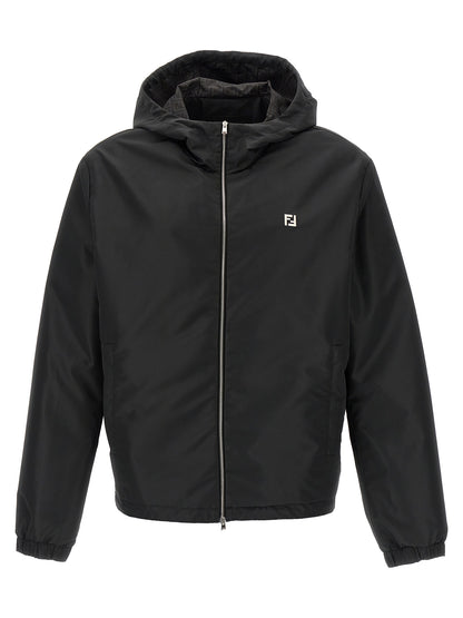 Hooded Windbreaker Jacket by Fendi for men in polyester black, monogram & print features an stylish silhouette, showcasing a sophisticated hooded neckline and performance-driven pockets, hooded & windproof for a premium, stylish look.