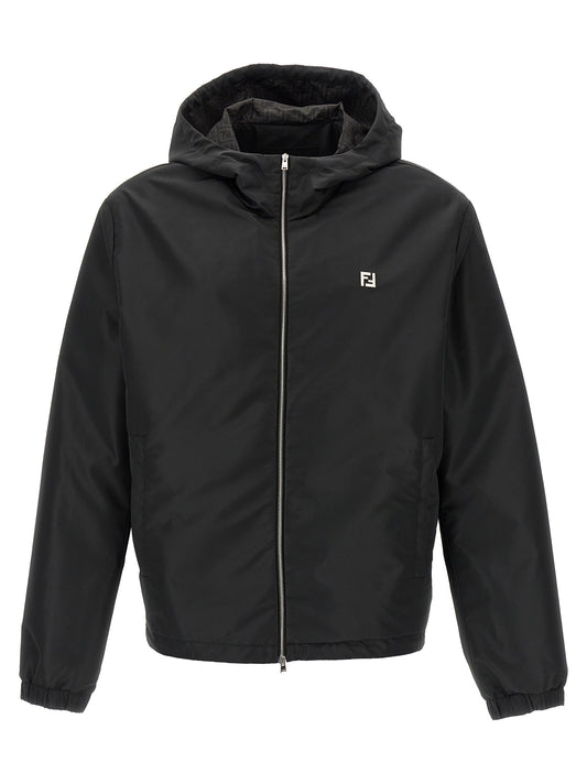 Hooded Windbreaker Jacket by Fendi for men in polyester black, monogram & print features an stylish silhouette, showcasing a sophisticated hooded neckline and performance-driven pockets, hooded & windproof for a premium, stylish look.