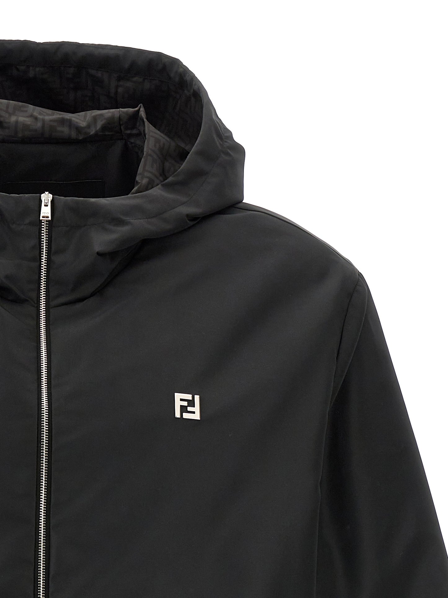 Hooded Windbreaker Jacket by Fendi for men in polyester black, monogram & print showcases a modern silhouette, integrating pockets, hooded & windproof and a modern hooded neckline for a sophisticated finish.