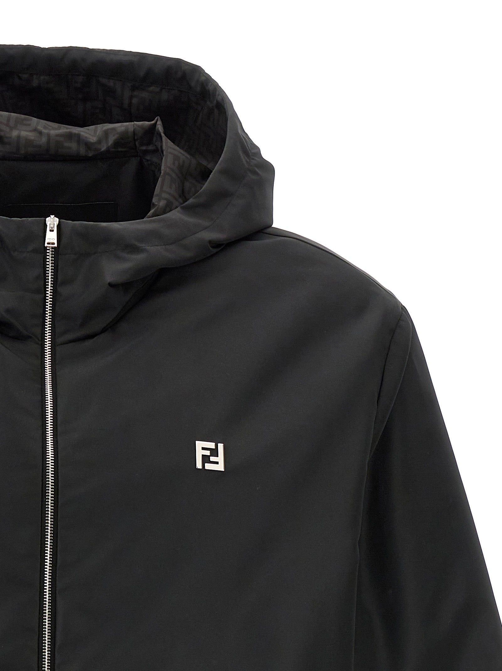 Hooded Windbreaker Jacket by Fendi for men in polyester black, monogram & print showcases a modern silhouette, integrating pockets, hooded & windproof and a modern hooded neckline for a sophisticated finish.