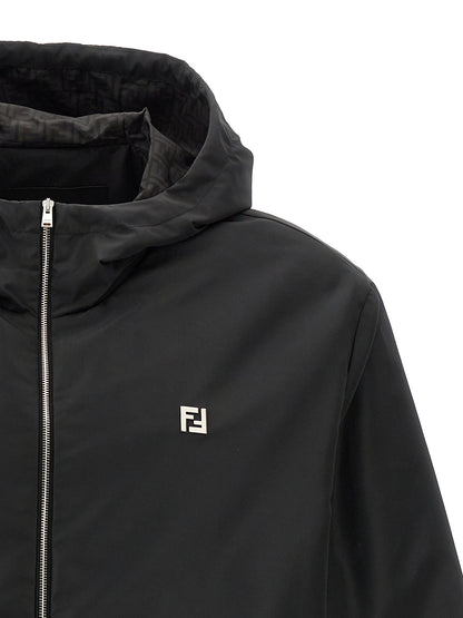 Hooded Windbreaker Jacket by Fendi for men in polyester black, monogram & print showcases a modern silhouette, integrating pockets, hooded & windproof and a modern hooded neckline for a sophisticated finish.