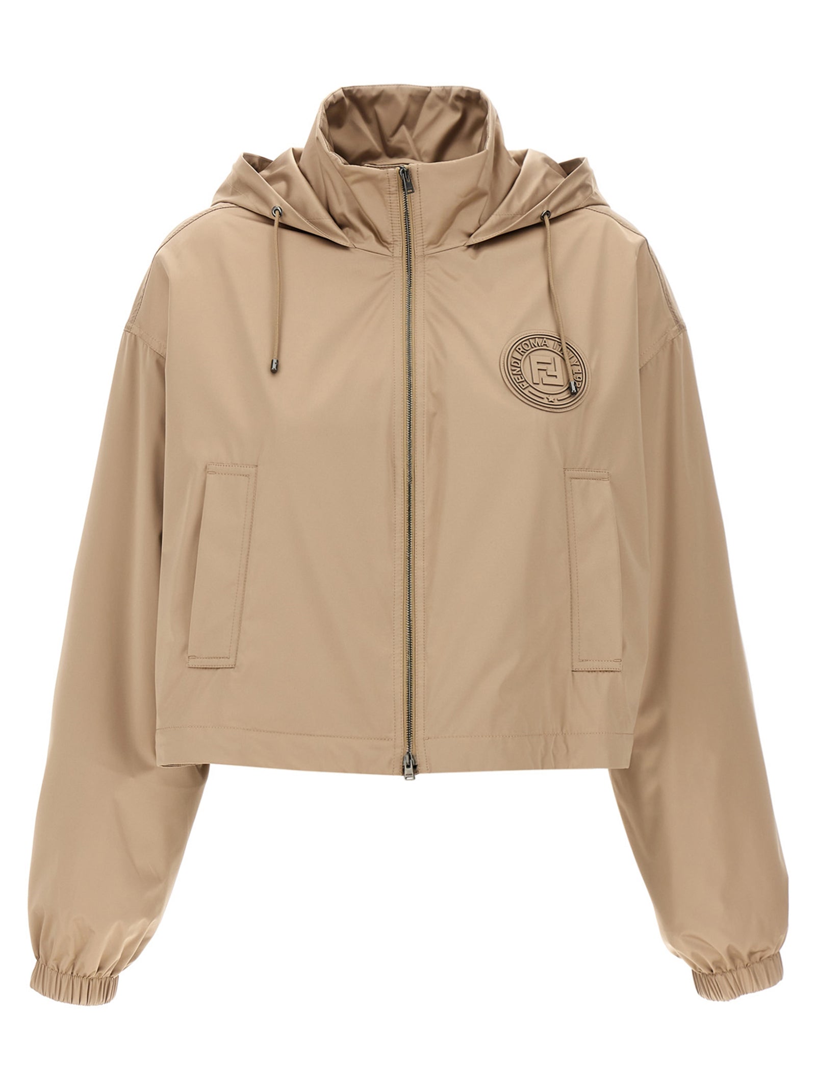 Hooded Windbreaker Jacket by Fendi for women in polyester & silk brown & jacquard features an stylish silhouette, showcasing a sophisticated hooded high-neck neckline and performance-driven pockets, hooded & windproof for a premium, stylish look.