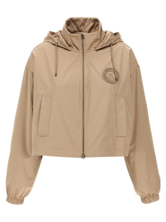 Hooded Windbreaker Jacket by Fendi for women in polyester & silk brown & jacquard features an stylish silhouette, showcasing a sophisticated hooded high-neck neckline and performance-driven pockets, hooded & windproof for a premium, stylish look.