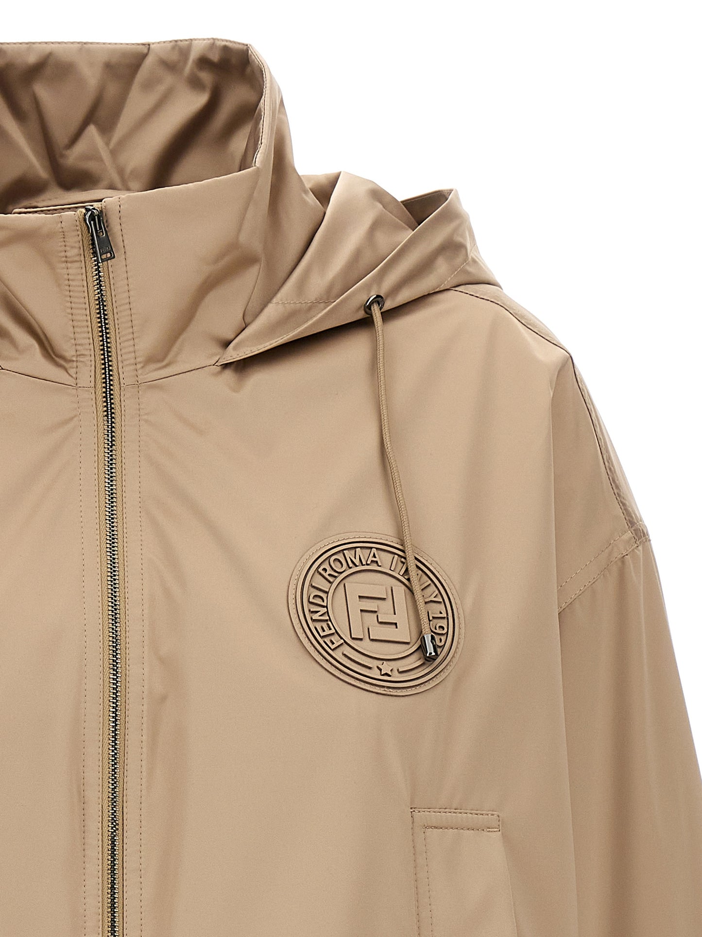 Hooded Windbreaker Jacket by Fendi for women in polyester & silk brown & jacquard showcases a modern silhouette, integrating pockets, hooded & windproof and a modern hooded high-neck neckline for a sophisticated finish.