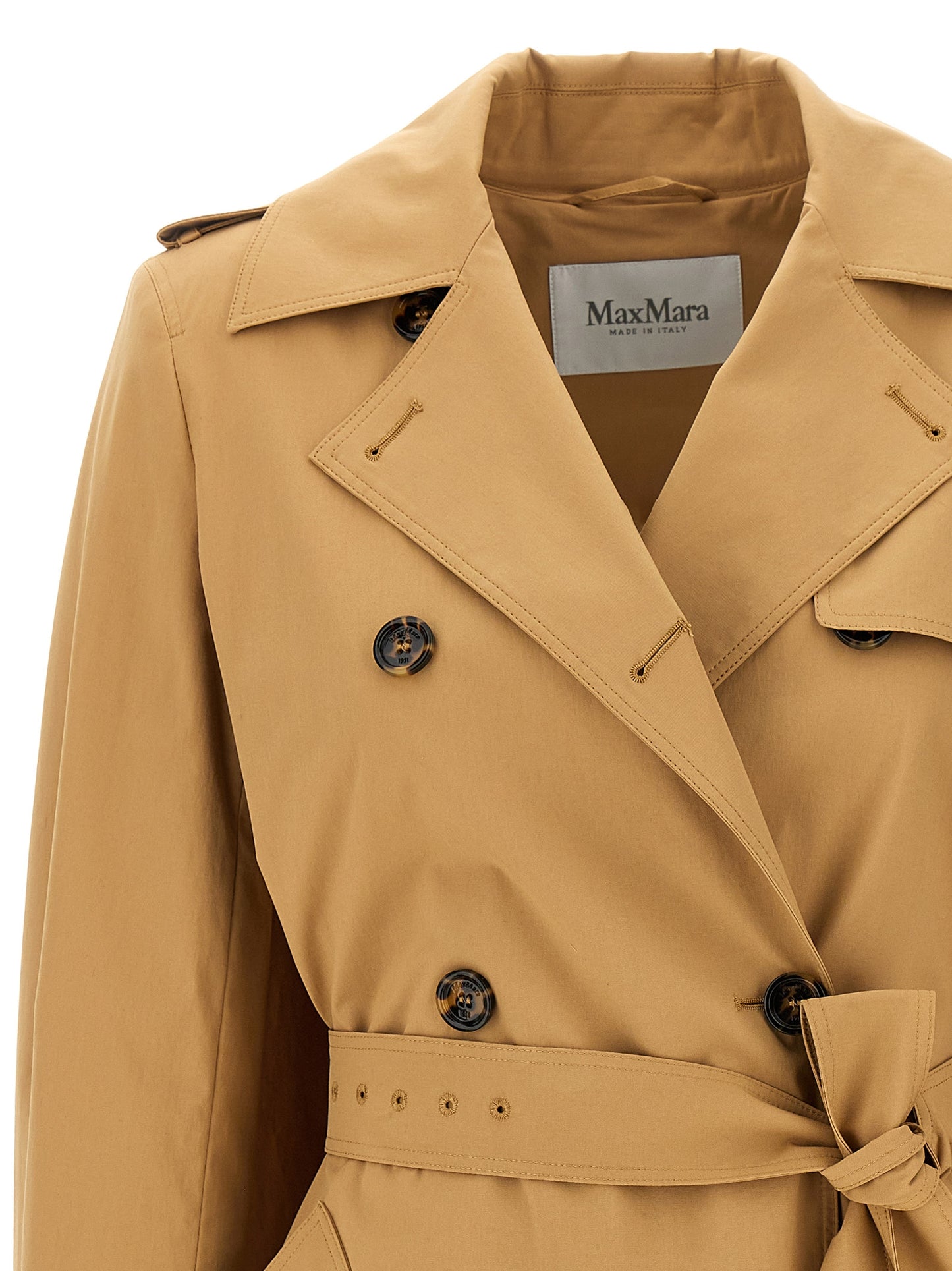 Rain Coat by Max Mara for women in stretch cotton canvas brown features a resilient silhouette with sophisticated and a resilient asymmetric lapel neckline.