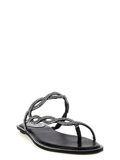 Sliders Sandals Flat Shoes by RENE CAOVILLA for women in leather & rhinestone black & signature presents a impeccable silhouette as Women's Leather & Rhinestone Sliders Sandals Flat Shoes, artfully designed with a and a impeccable for a refined, upscale finish.