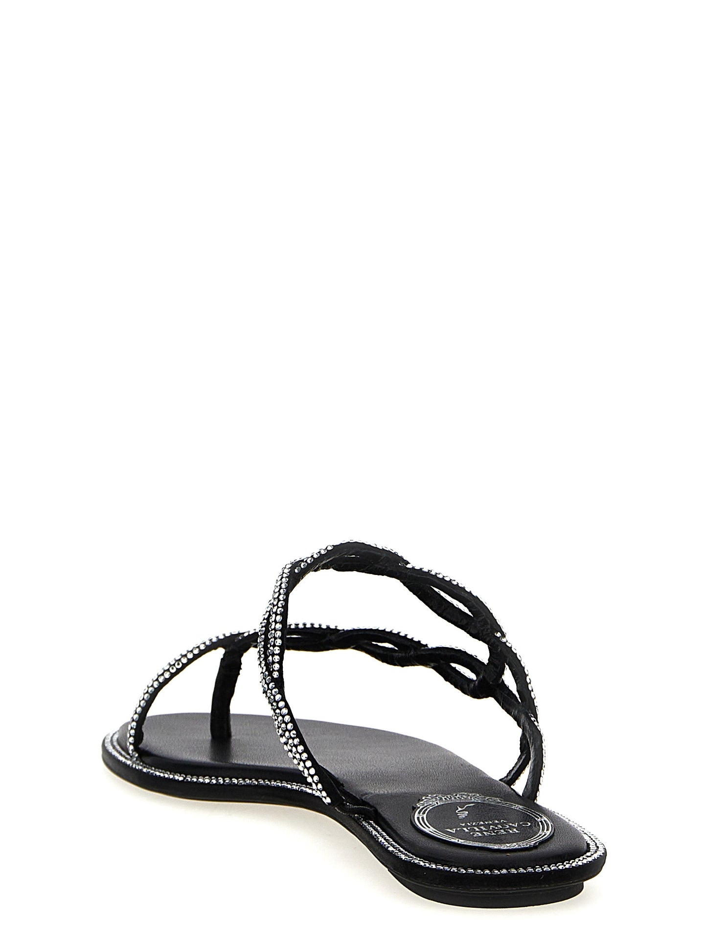 Sliders Sandals Flat Shoes by RENE CAOVILLA for women in leather & rhinestone black & signature showcases a resplendent Women's Leather & Rhinestone Sliders Sandals Flat Shoes aesthetic with a and .