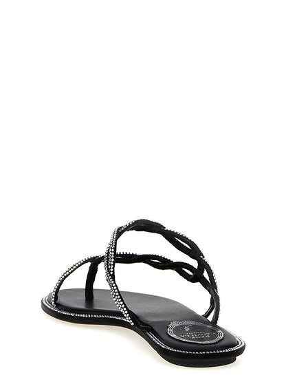 Sliders Sandals Flat Shoes by RENE CAOVILLA for women in leather & rhinestone black & signature showcases a resplendent Women's Leather & Rhinestone Sliders Sandals Flat Shoes aesthetic with a and .