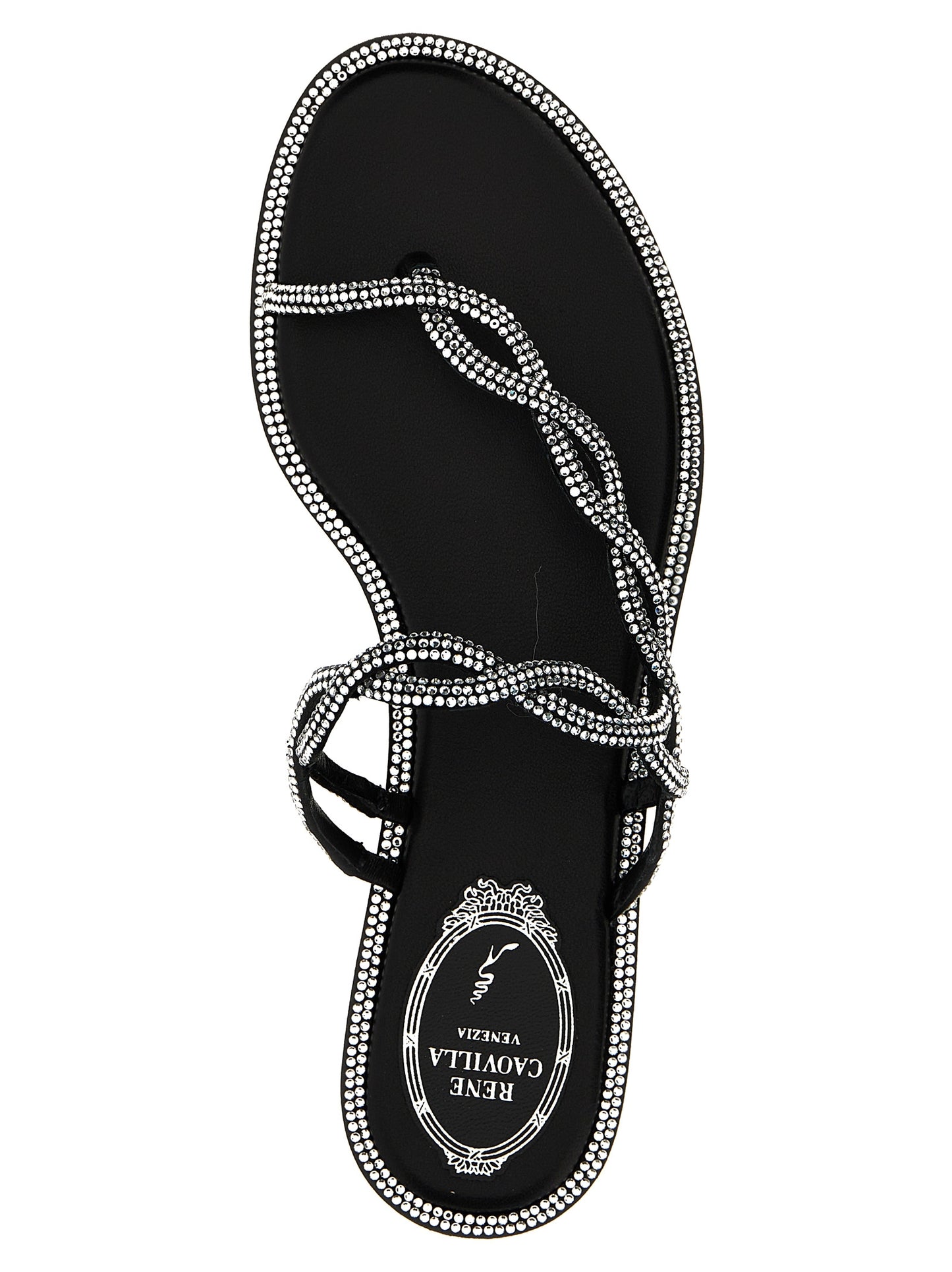 Sliders Sandals Flat Shoes by RENE CAOVILLA for women in leather & rhinestone black & signature presents a effortless chic silhouette, showcasing the Women's Leather & Rhinestone Sliders Sandals Flat Shoes design with a effortless chic and for a sophisticated look.