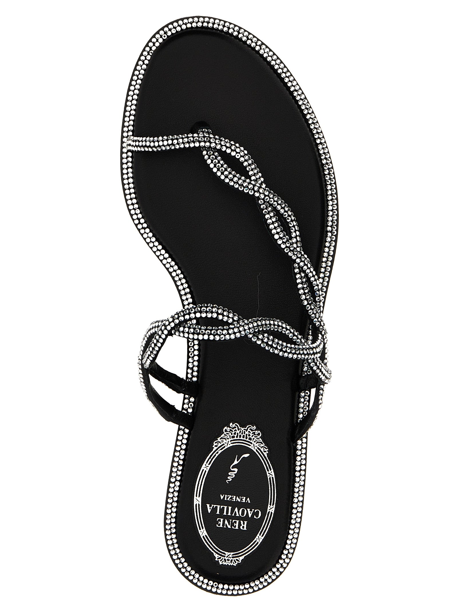 Sliders Sandals Flat Shoes by RENE CAOVILLA for women in leather & rhinestone black & signature presents a effortless chic silhouette, showcasing the Women's Leather & Rhinestone Sliders Sandals Flat Shoes design with a effortless chic and for a sophisticated look.