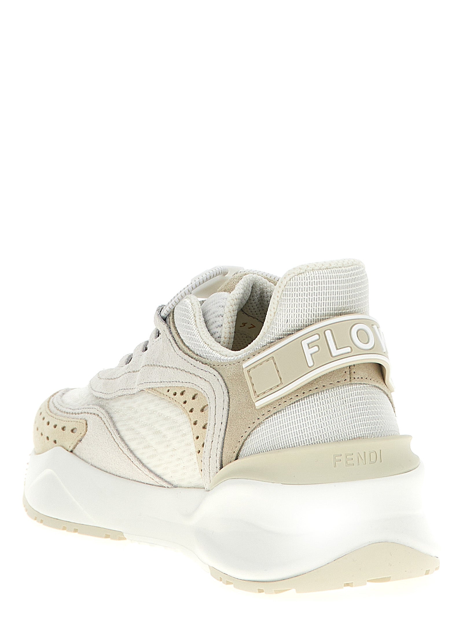 Athletic Sneakers by Fendi for women in polyester polyurethane suede leather white showcases a architectural silhouette, artfully capturing the essence of the Flow Women's Athletic Polyester Polyurethane Suede Leather Sneakers with its signature architectural athletic style construction.