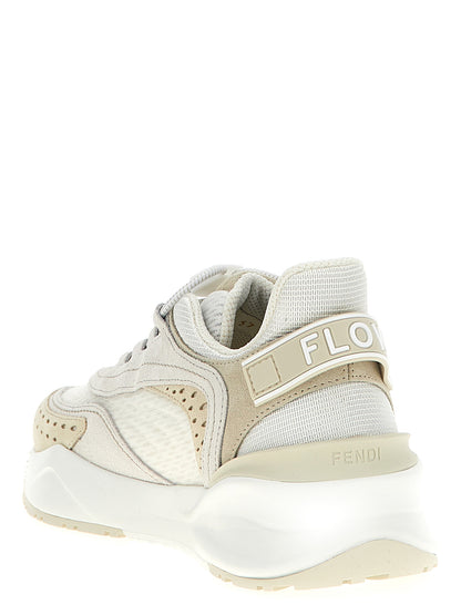 Athletic Sneakers by Fendi for women in polyester polyurethane suede leather white showcases a architectural silhouette, artfully capturing the essence of the Flow Women's Athletic Polyester Polyurethane Suede Leather Sneakers with its signature architectural athletic style construction.