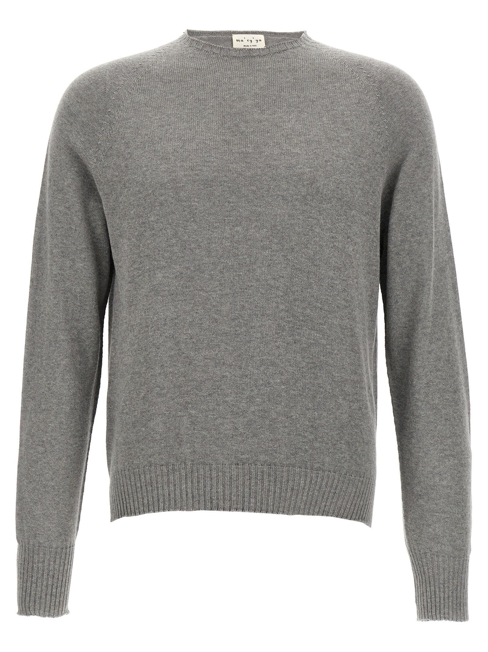 Cardigan by MA'RY'YA for men in modacrylic cotton & cashmere gray features a dramatic silhouette, showcasing a sophisticated crew neckline and dramatic detail for a timeless, premium look.