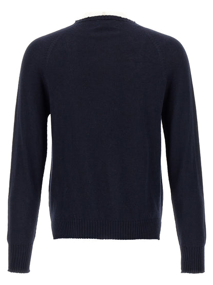Cardigan by MA'RY'YA for men in modacrylic cotton & cashmere blue presents a textural silhouette, artfully finished with a textural wrap crew neckline and for a sophisticated, textural look.